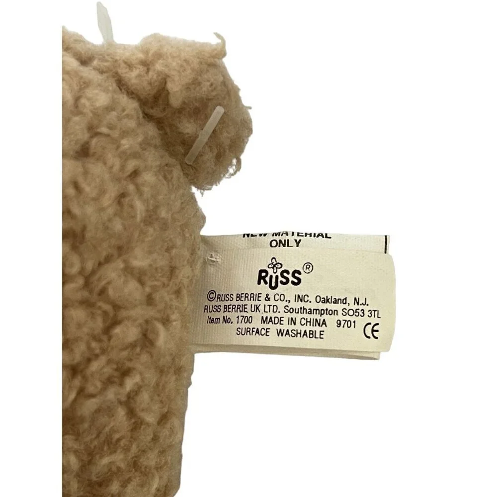 Russ Berrie Small (Mini) Beige Teddy Bear‎ With Burgundy Bow